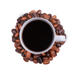  top view of black coffee in a cup of coffee on beans coffee background on transparent.