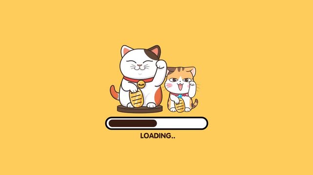 Loading Cartoon Animation Video on Yellow and Green Screen Background | Trade Theme | Lucky Cat | Download Progress, Preloader Animation Web Design Template. Seamless Loop Animation 4K