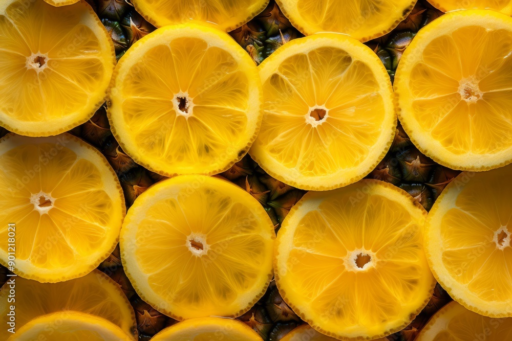 Poster top view of fresh lemon slices forming a yellow citrus pattern