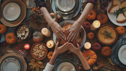 family praying holding hands at thanksgiving table. flat-lay of feasting peoples hands over friendsgiving table with autumn food candles roasted turkey and pumpkin pie over wooden table top view