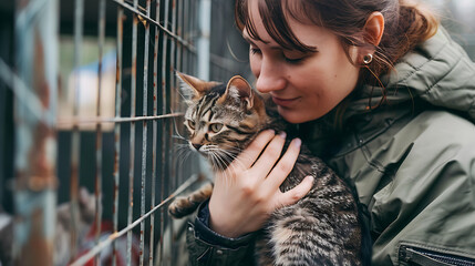 Woman cuddling with a cat, emphasizing the bond between humans and their feline friends, Showcasing animal welfare and protection efforts, World Cat Day.