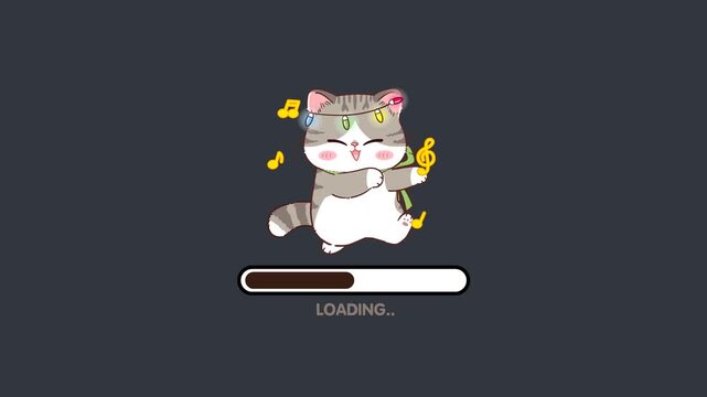 Loading Cartoon Animation Video on Black and Green Screen Background | Music Theme | Cat Dance | Download Progress, Preloader Animation Web Design Template. Seamless Loop Animation 4K