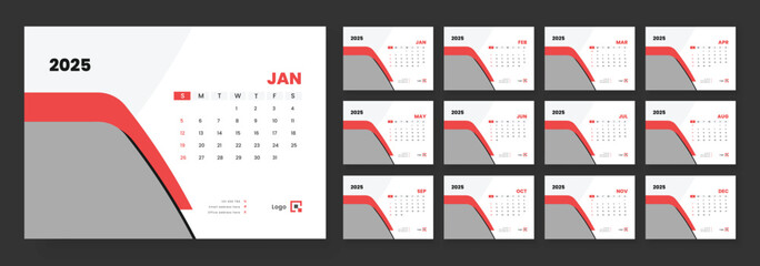 Desk Calendar 2025, Template for annual calendar 2025, The week starts on Sunday, Set of 12 months.