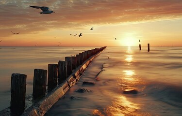Golden Sunset Over a Seawall With Flying Seagulls