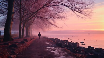 Fototapeta premium A serene landscape at dusk featuring a solitary figure walking along a misty shore lined with trees, vibrant colors in the sky.