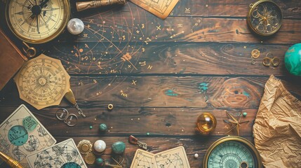 A dynamic flat lay of an astrologer's desk with divination tools 