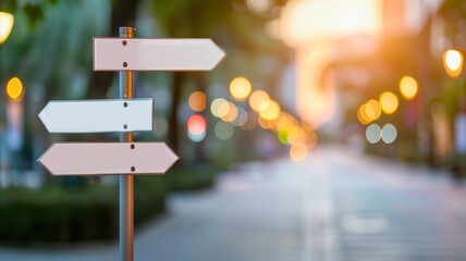 Directional sign on a city street at sunset, guiding travelers with a warm bokeh backdrop and soft evening light.