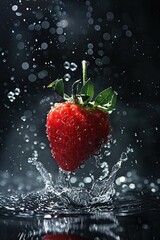 Red Strawberry Splashing into Water with Green Leaves