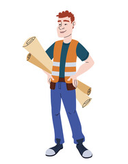 Builder holding blueprints. Man in linear flat style.