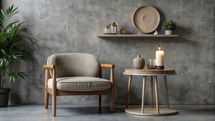 A minimalistic interior scene showcasing a modern armchair in a neutral beige color positioned against a textured concrete wall. 