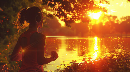 Peaceful Morning: A young woman with a serene smile, wireless headphones on, jogging along a tranquil lakeside path, the calm water reflecting the soft dawn sky.