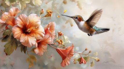 A hummingbird hovers mid-air, its iridescent feathers shining as it drinks nectar from a vibrant flower.