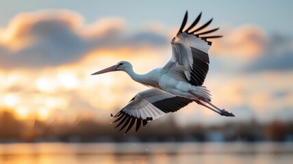 Obraz premium High above the savannah, a stork glides through the sky with outstretched wings.