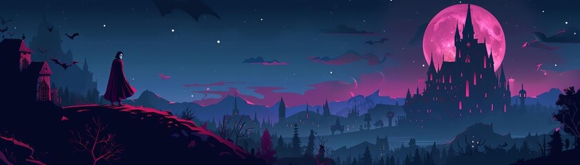 Fototapeta premium Vampire in gothic castle, moonlit night, flat design illustration