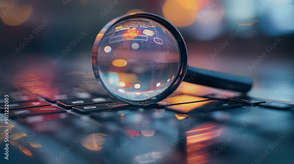 Poster a magnifying glass is on a keyboard. concept of curiosity and exploration, as if someone is about to