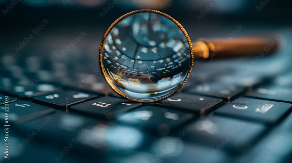 Poster a magnifying glass is on a keyboard. concept of curiosity and exploration, as if someone is trying t