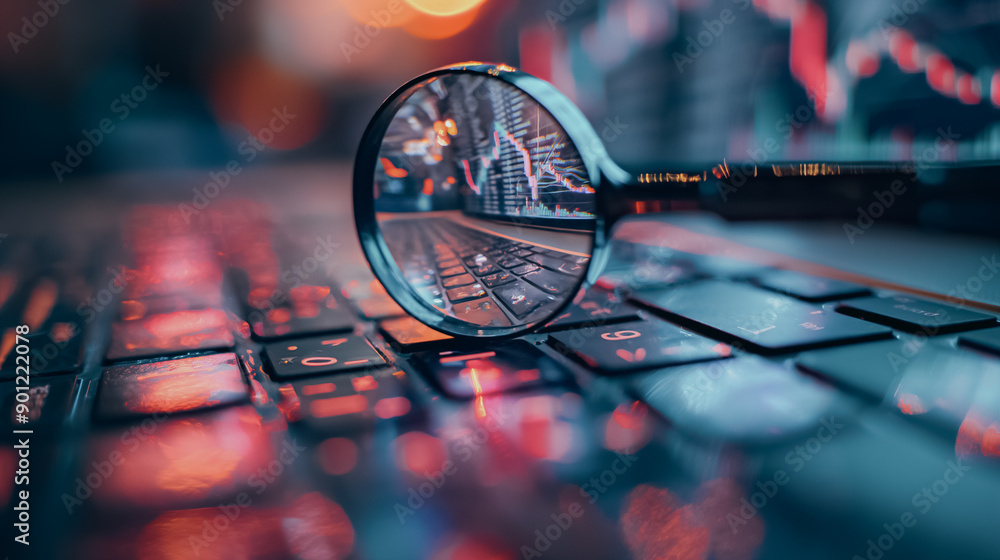 Poster a magnifying glass is on a keyboard with a reflection of the keys. concept of curiosity and explorat
