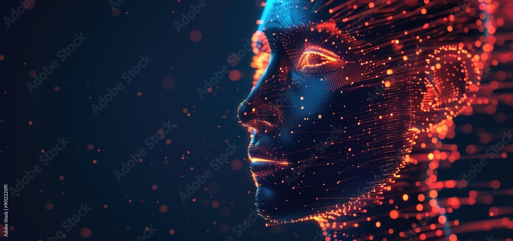 Poster digital illustration of a futuristic human face with neon lights and data particles. concepts of tec