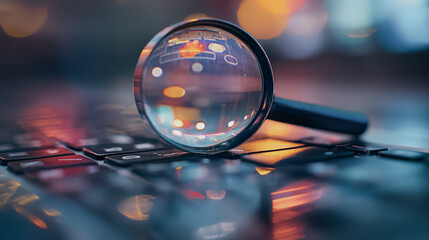 A magnifying glass is on a keyboard. Concept of curiosity and exploration, as if someone is about to investigate something on the keyboard