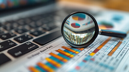 A magnifying glass is on top of a laptop and a bunch of graphs