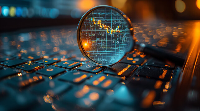 A magnified view of a keyboard with a magnifying glass on it. Concept of curiosity and exploration, as if the viewer is trying to uncover the secrets of the keyboard