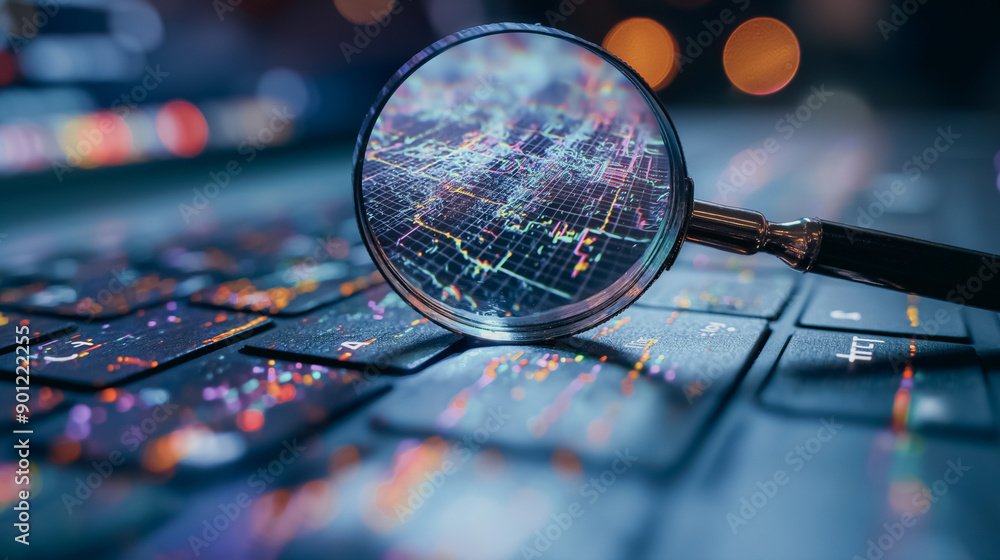 Poster a magnifying glass is on a keyboard with a colorful pattern. concept of curiosity and exploration, a