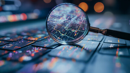 A magnifying glass is on a keyboard with a colorful pattern. Concept of curiosity and exploration, as if the viewer is trying to uncover the secrets hidden within the keyboard's design