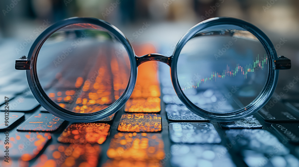 Poster A pair of glasses is on a keyboard with a colorful background. The glasses are partially obscured by the keyboard, creating a sense of depth and perspective. The colorful background adds a playful