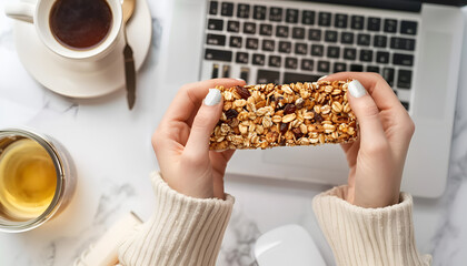 Woman holding tasty granola bar working with computer at light table, top view