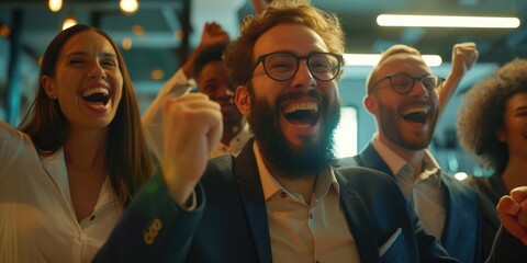 A group of people rejoicing with their arms in the air, a moment of pure joy and triumph