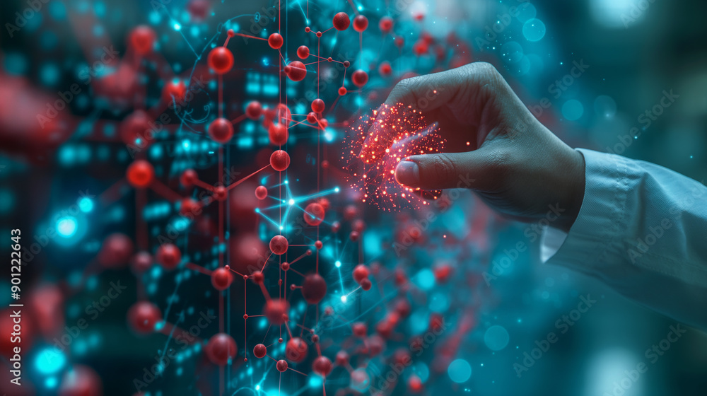 Poster a hand is reaching out to touch a red and blue image of a molecular structure. the image is abstract