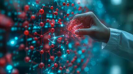 A hand is reaching out to touch a red and blue image of a molecular structure. The image is abstract and colorful, with a sense of movement and energy. The hand's gesture suggests curiosity