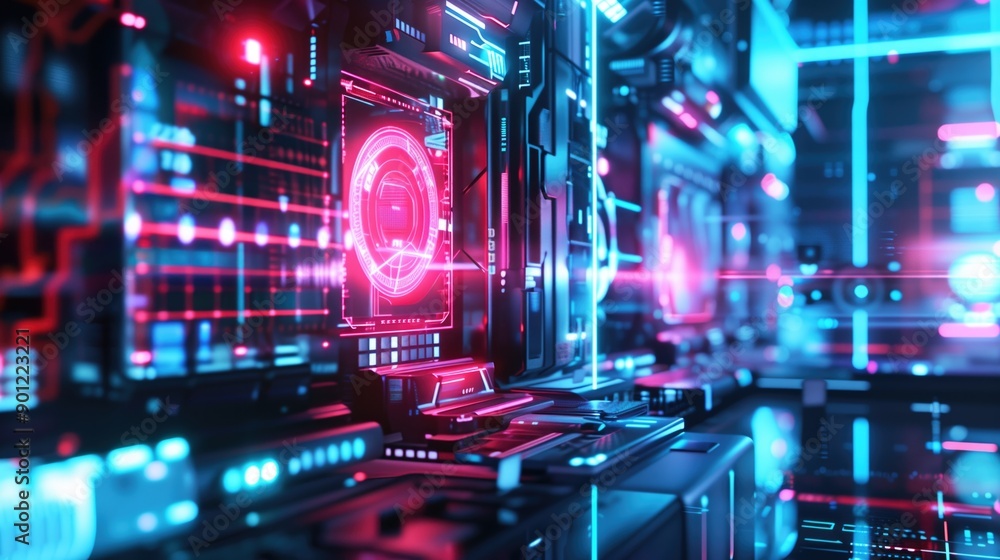 Poster futuristic digital interface with glowing holographic elements in a high-tech environment. digital t