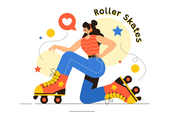 People Riding Roller Skates in a City Park for Outdoor Activities, Sports Recreation or Weekend Leisure on Flat Cartoon Background Vector Illustration