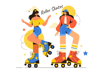 People Riding Roller Skates in a City Park for Outdoor Activities, Sports Recreation or Weekend Leisure on Flat Cartoon Background Vector Illustration