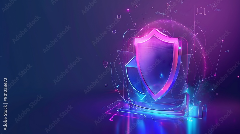 Poster futuristic 3d shield symbolizing digital security with glowing neon effects and abstract shapes.