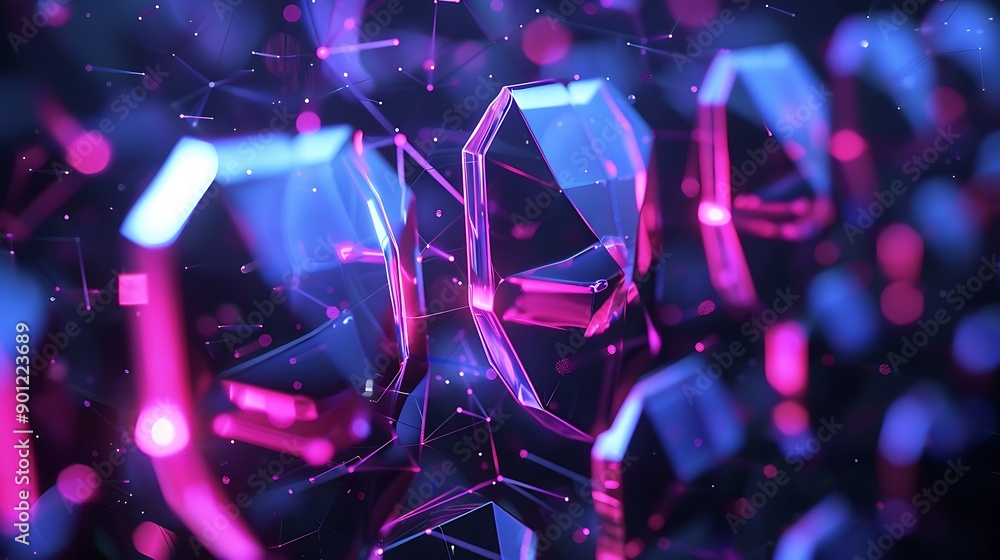 Poster captivating abstract digital artwork featuring vibrant, glowing 3d geometric shapes illuminated by n