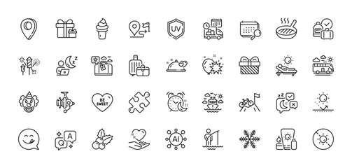 Gift, Hold heart and Travel luggage line icons pack. AI, Question and Answer, Map pin icons. Bus travel, Christmas holly, Puzzle web icon. Surprise package, Snowflake, Uv protection pictogram. Vector