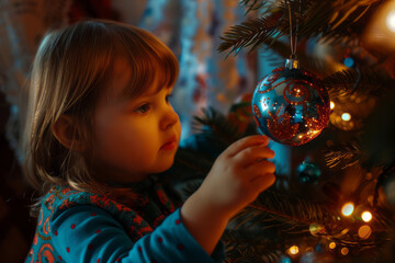 Naklejka premium A kid girl hangs a Christmas ball on a Christmas tree. AI generative