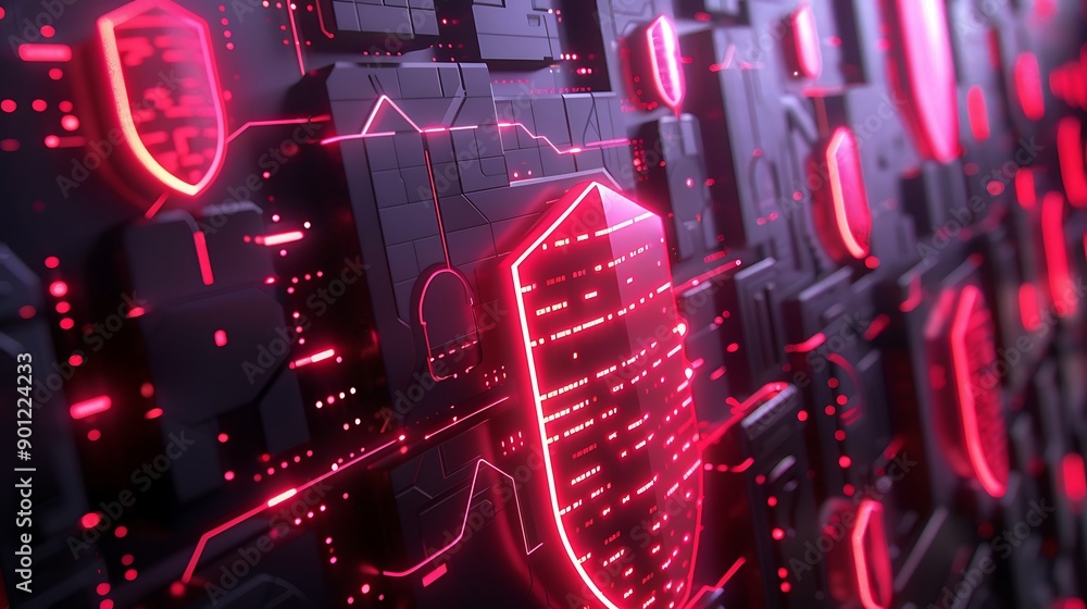 Aufkleber 3d digital render of a glowing red shield on a futuristic circuit board, symbolizing digital securit