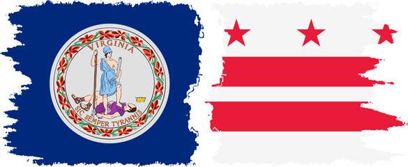 District of Columbia USA - Washington, DC and Virginia state grunge brush flags connection, vector