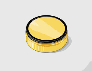 Round yellow glossy plastic jar with ribbed black lid. Storage container for bulk products 