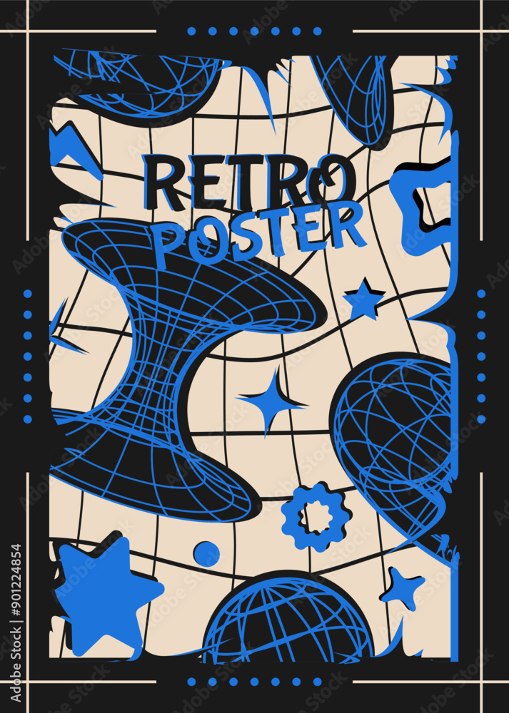 Poster poster in retro style with 3d wireframe models. futuristic aesthetics of the 2000s. vector template 