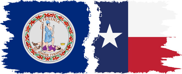 Texas and Virginia states grunge brush flags connection, vector