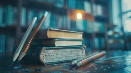 Stacked books on a wooden table, ready for study or reading