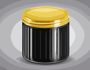 Round yellow glossy plastic jar with ribbed black lid. Storage container for bulk products 