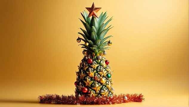 pineapple decorated like a Christmas tree on a solid golg background with copy space