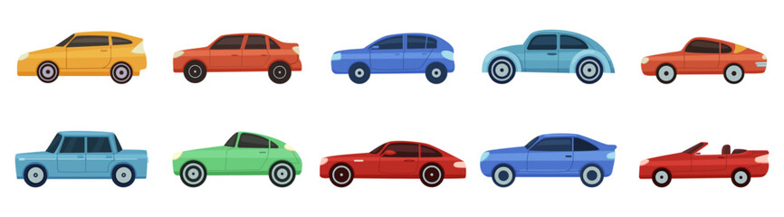 Flat car icons. Isolated automobiles, cars vintage style elements. City vehicle, sedan hatchback cabrio style. Personal urban transport nowaday vector set