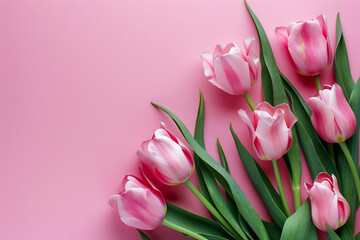 Obraz premium Tulips flowers on a pastel pink background in a flat lay top view composition with copy space for your text message or greeting card design