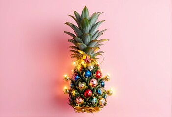 pineapple decorated like a Christmas tree on a solid pink background with copy space